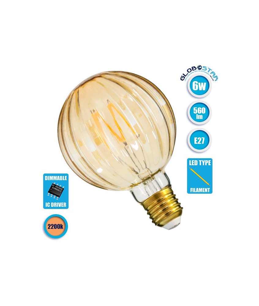 GLOBOSTAR® WATERMELON 99162 Λάμπα E27 W90 LED 6W 560lm 360° AC 220-240V IP20 Ultra Θερμό Λευκό 2200K Dimmable - Zig Long Filament Chip - Μελί - Μ9.5 x Π9.5 x Υ14cm - 3 Χρόνια Εγγύηση